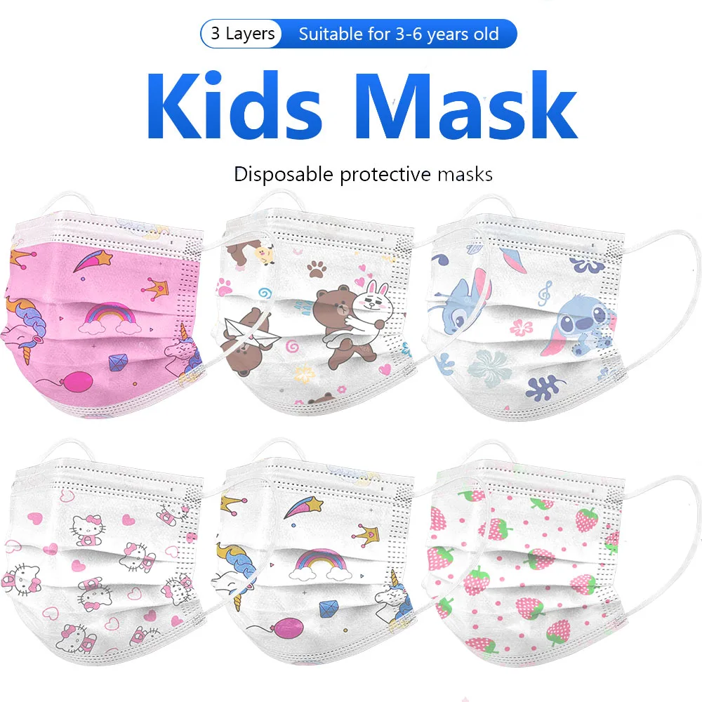 

50pcs Disposable Kids Face Mask Child Niños Mascarillas Infantiles Cute Cartoon Print Masque Enfant Fit 3-6 Years Old