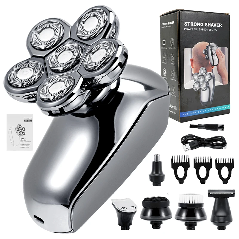 

NEW 6 In 1 Multifunction Rechargeable Electric Men Electric Shaver 6D Floating Heads Low Noise Balde Mens Head Shaver for Men