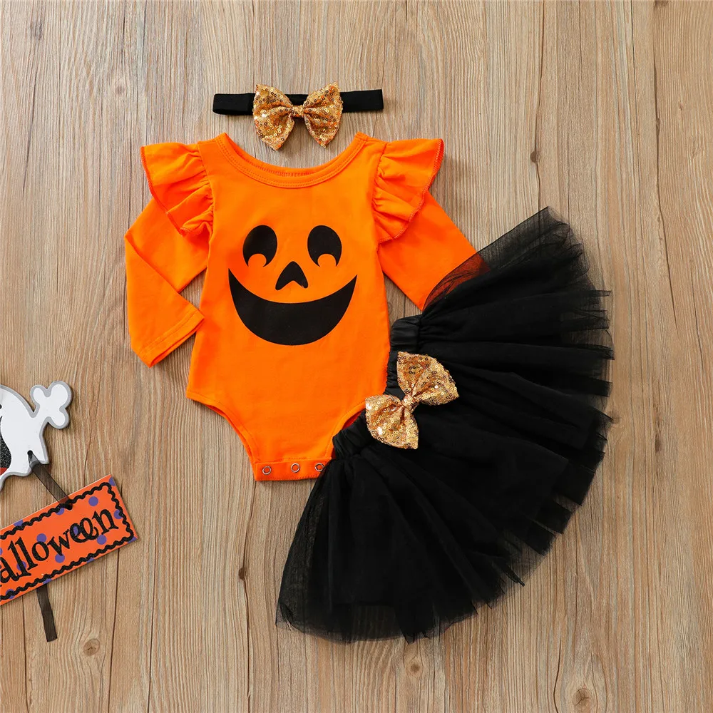 

Baby Girl Halloween Clothes Set Pumpkin Bodysuit Romper Bow Tulle Tutu Skirt Headband 0-18M Newborn Toddler Festival Costume