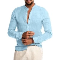 100 cotton linen hot sale mens long sleeved shirts summer solid color stand up collar casual beach style plus size