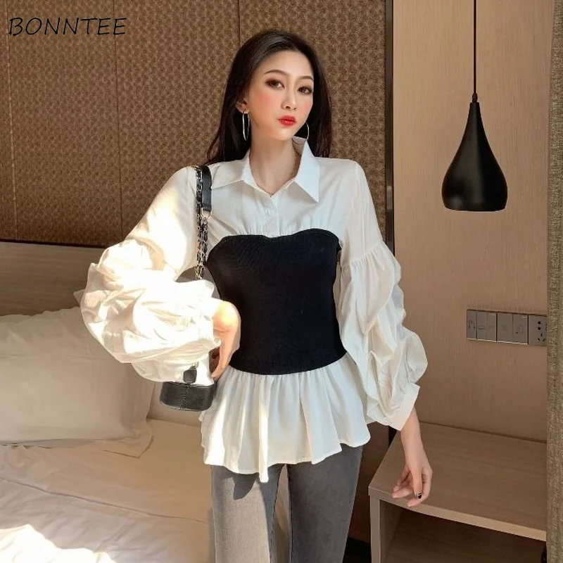 

Рубашки женские летние крутые имитация 2 шт. Милая Элегантная универсальная популярная модная свободная туника с пышными рукавами в Корейс...