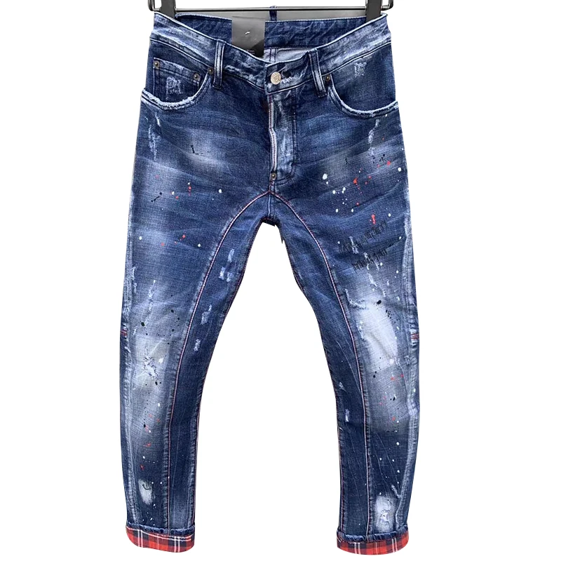 2023 new Starbags DSQ Trendy men's water, worn holes, patches, ink, slim body, small feet, blue jeans