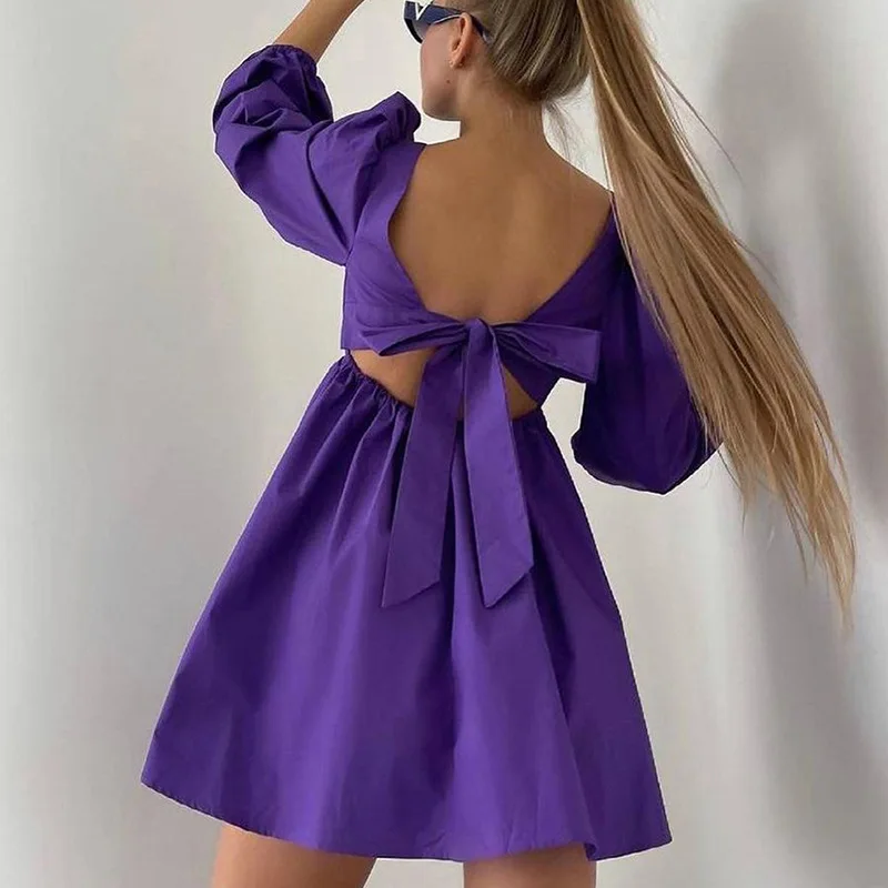 

Женское платье в стиле Лолита, фиолетовое элегантное платье мини с открытой спиной, бантом на спине и длинным пышным рукавом и квадратным вы...