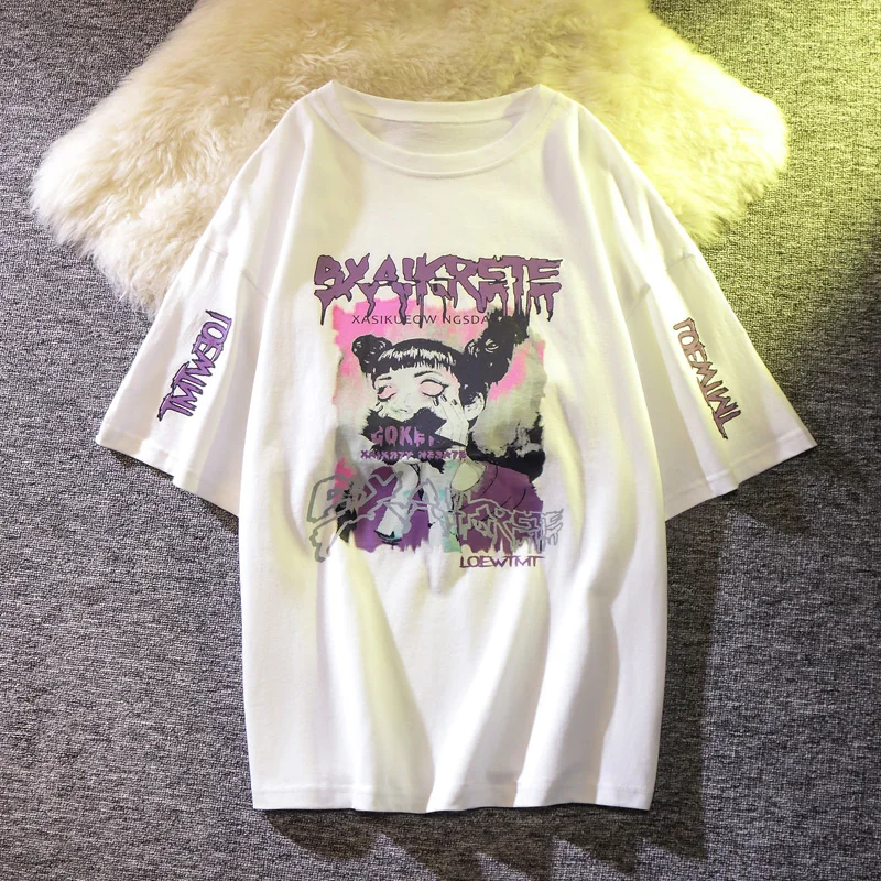 

DAYIFUN Women T-shirts Japanese Anime Cartoon Club Aesthetics Oversized T-shirt Short Sleeve Harajuku Kawaii Tops Female Tees