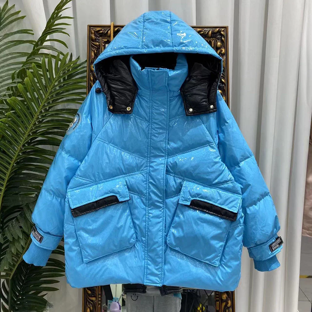 Winter Women Hooded Glossy Short Coat Loose 90% White Duck Down Jacket Blue Puffer Parkas Outwear