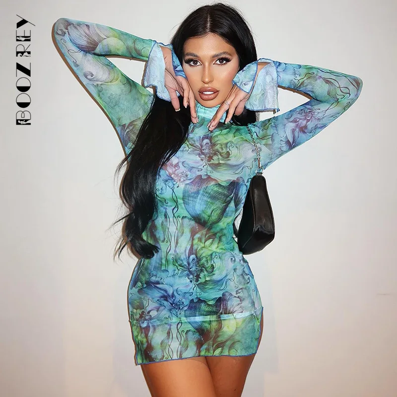 

BoozRey 2022 Sexy Mesh Print O-Neck Flared Sleeve Side Slit Mini Dress for Women Girl Club Party Babydoll A-line Bodycon Dress