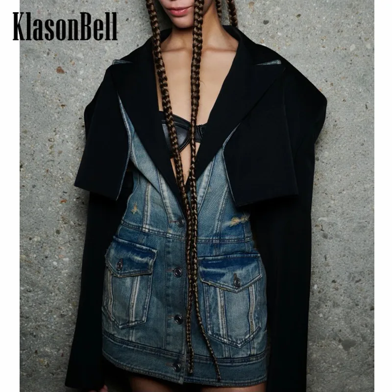 

8.7 KlasonBell Fashion Contrast Color Blazer Patchwork Fake Two Piece Denim Mini Dress Women