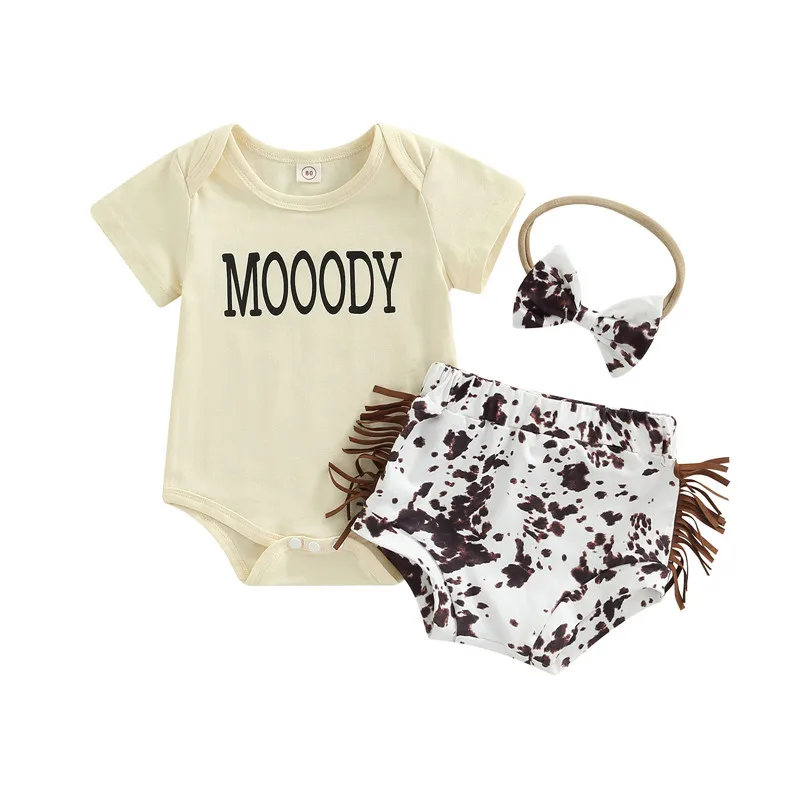 

Infant Baby Girls Casual Suit 2 Pcs Short Sleeve Letter Printed Romper Tops+Printed Tassel Shorts+Headband Outfits Summer
