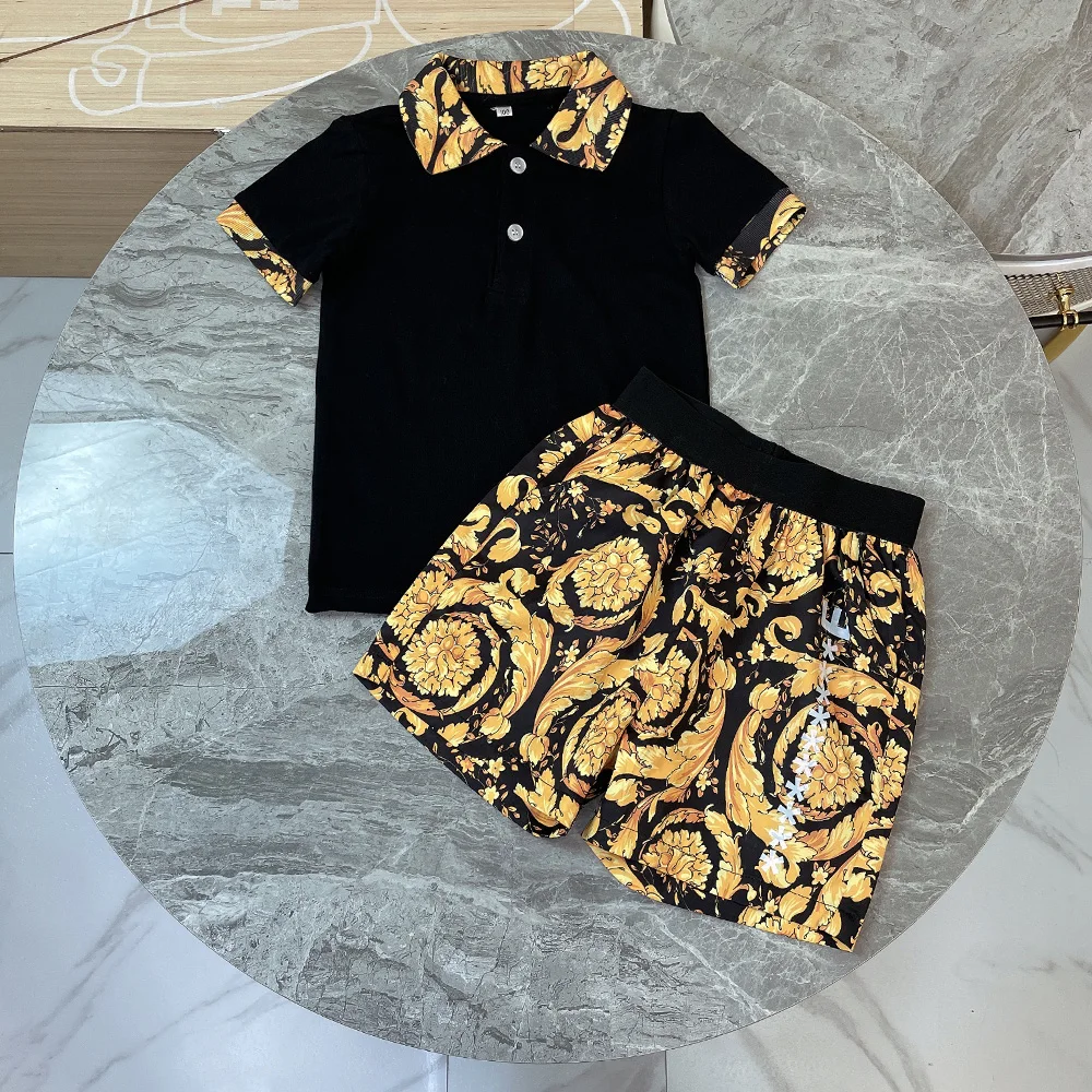 

Fashion children's wear boys' suit 2022 summer wear new Lapel t-sleeve + classic Print Shorts two-piece set high quality