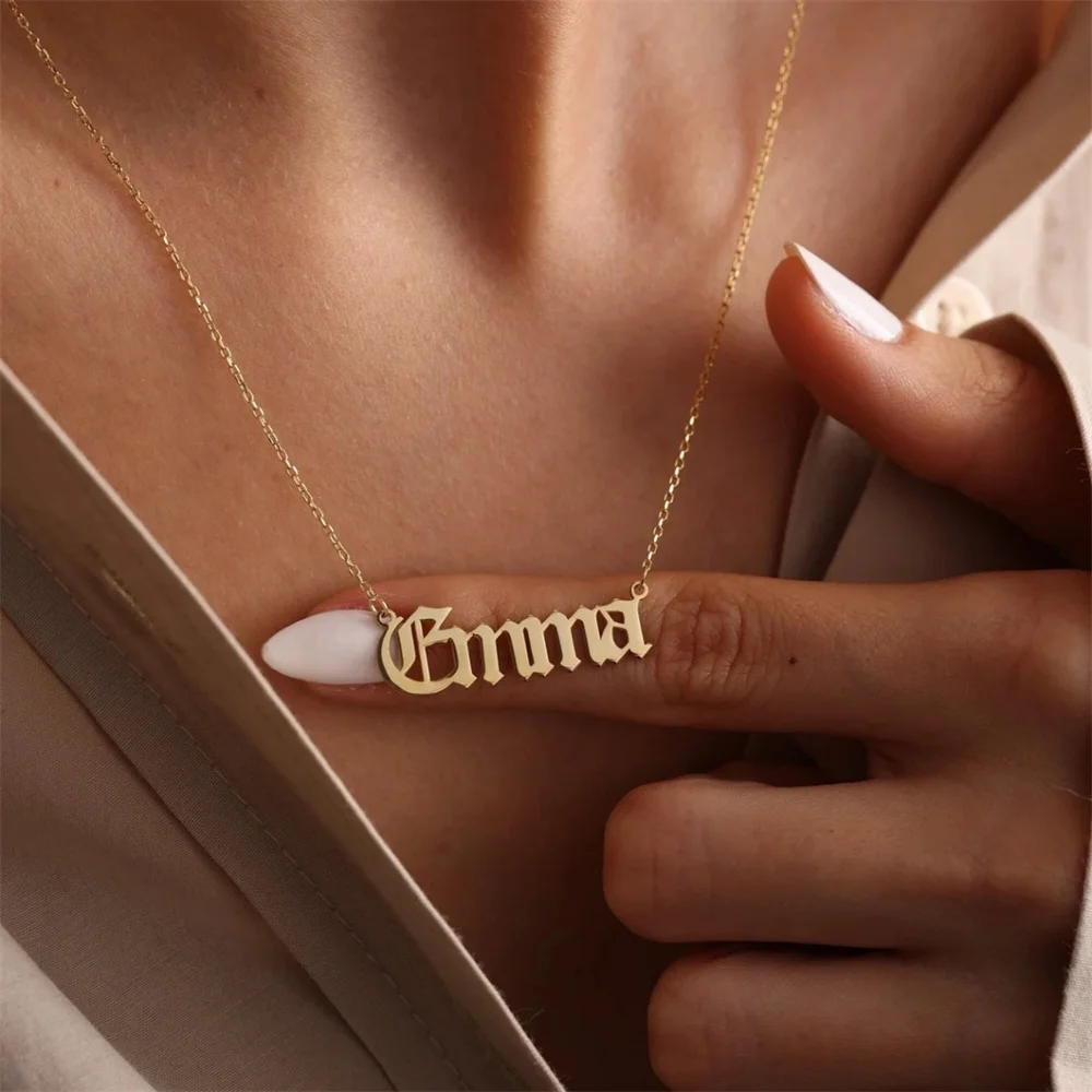 

Customize Old English Name Necklace Gold Color Stainless Steel Nameplate Pendant Choker Women Vintage Personalize Jewelry