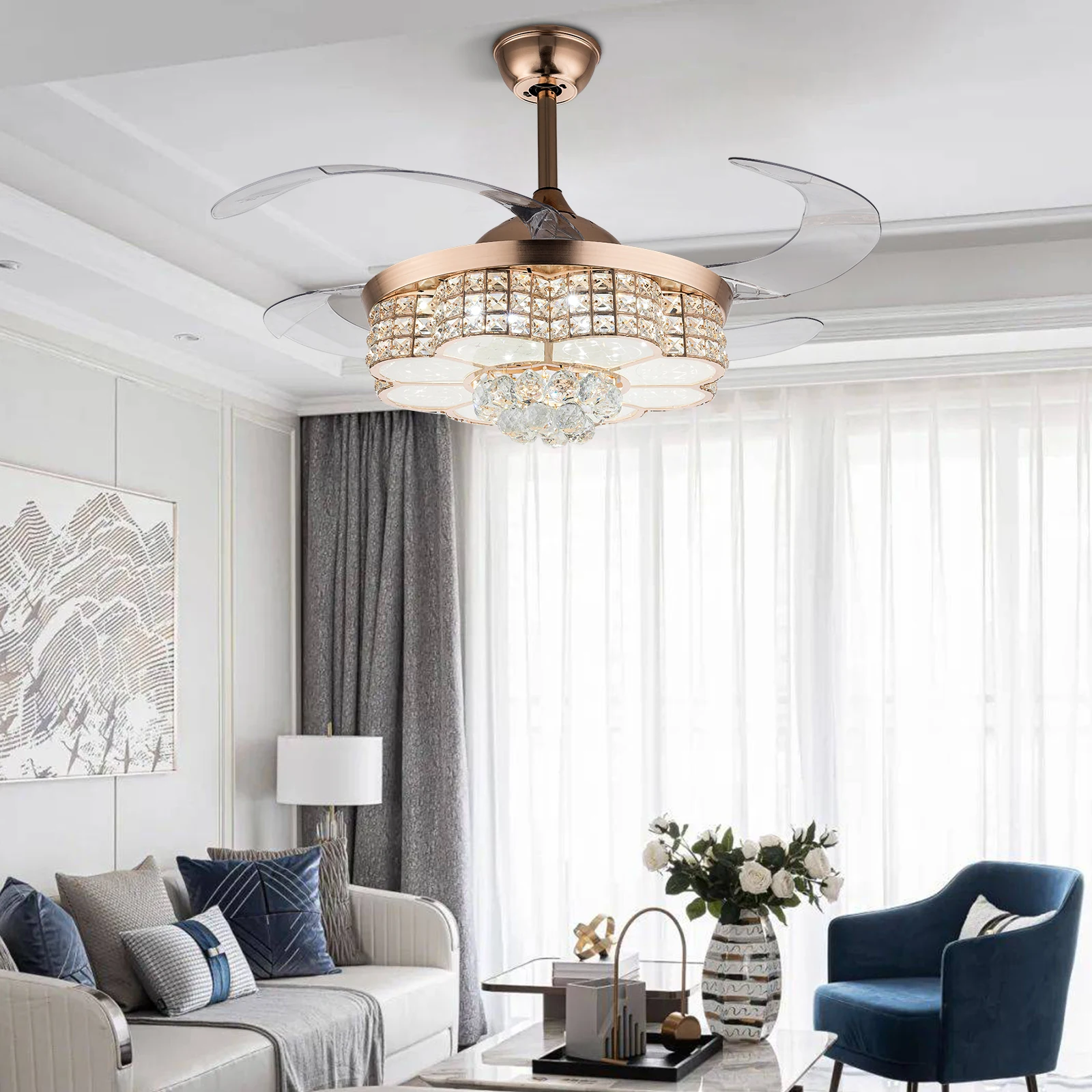 

42 Inch Crystal Ceiling Fan with Lights and Remote Chandelier Fan Noise Free Indoor Fan for Living Room