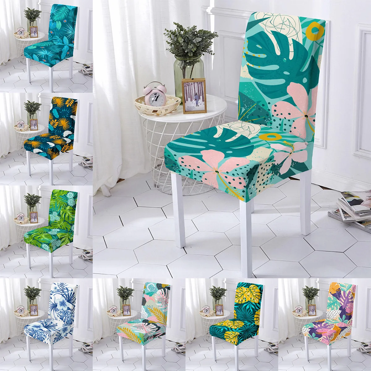 

Tropical Leaves Printed Dining Room Chair Cover Spandex Chair Covers Elastic Chair Slipcovers For Wedding Hotel Banquet Kitchen