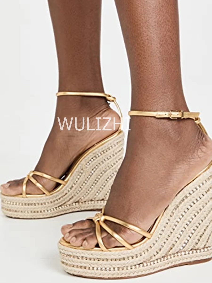 Women Diamond Studded High Wedge Espadarille Pink Bling Design Open Platform Slingback Sandals Gold Rhinestone Metal Chain Shoes