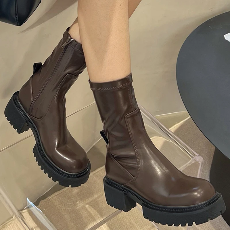 

New 2022 Spring Autumn Fashion Round Toe Women Ankle Boots Outdoor Casual Female Heel Shoes Zippers Luxury WESTERN Ladies Boots