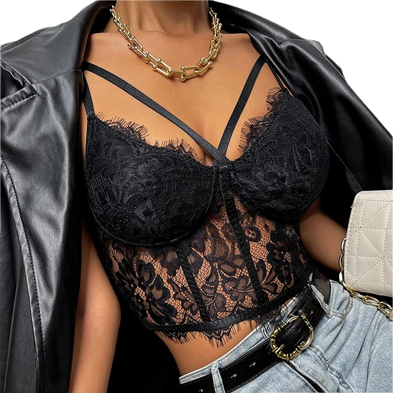 

Women's Tube Top Camisole Adult Solid Color Lace Hollow-Out Sleeveless Backless Spaghetti Strap Crop Tops Summer Camis