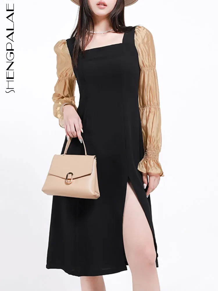 

SHENGPALAE Лоскутная юбка 2023 весна осень Французский модный стиль квадратный вырез контрастный цвет длинное платье женская одежда 5R6705