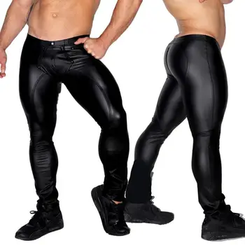 Men's Leather Trousers Mid-rise U Convex Zipper Open Crotch Men Pants Sexy Skinny PU Leather Clubwear Tights Punk Clothing 1