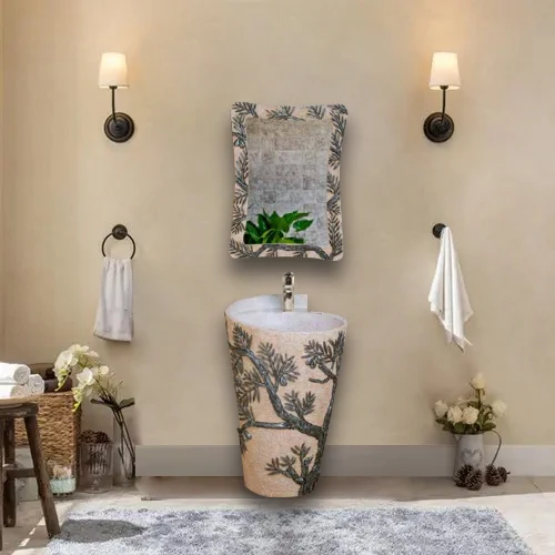 

Wholesale Customization Solid Surface Sand Stone Pedestal Hand Wash Basin Customize Round Basin With Mirror