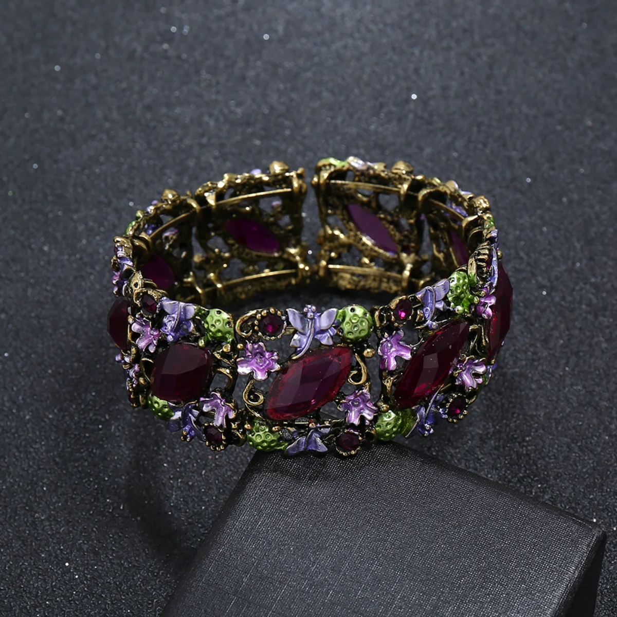 

Vintage Alloy Open Bracelet Ethnic Style Resin Gem Wide Bracelet Multicolor Natural Stone Bangle Luxury Women's Free Shipping