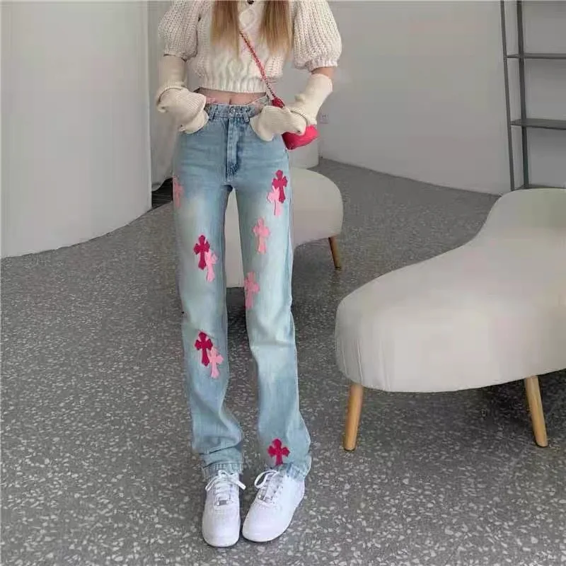 

Fashion Classic Trendy Luxury Designer Women Spring Autumn Wide Leg Jeans Women Pink Cross Design High Waist Pants