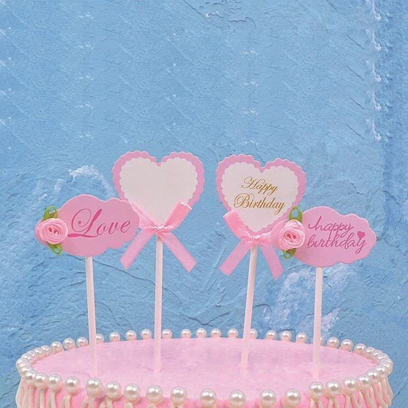

3Pcs Handwritten Blessing Creative Happy Birthday Rose Cake Flags Wedding Chocolates Mousse Dessert Topper Decor Baking Supplies