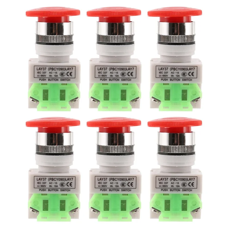 

6X Red Mushroom Cap 1NO 1NC DPST Emergency Stop Push Button Switch AC 660V 10A