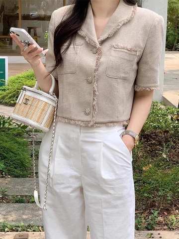 Маленькие ароматные укороченные рубашки Onalippa с бахромой, однобортная Свободная блузка с отложным воротником, однотонный твидовый кардиган в Корейском стиле