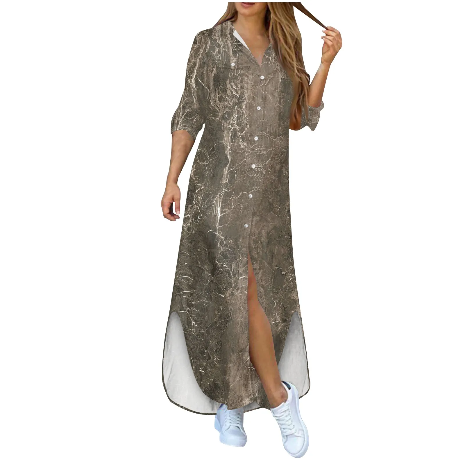 

Shirt Dresses For Women Sexy Casual Print Long Sleeve Blouses Loose Slit Maxi Dresses Button Down Summer Dress Women Dress