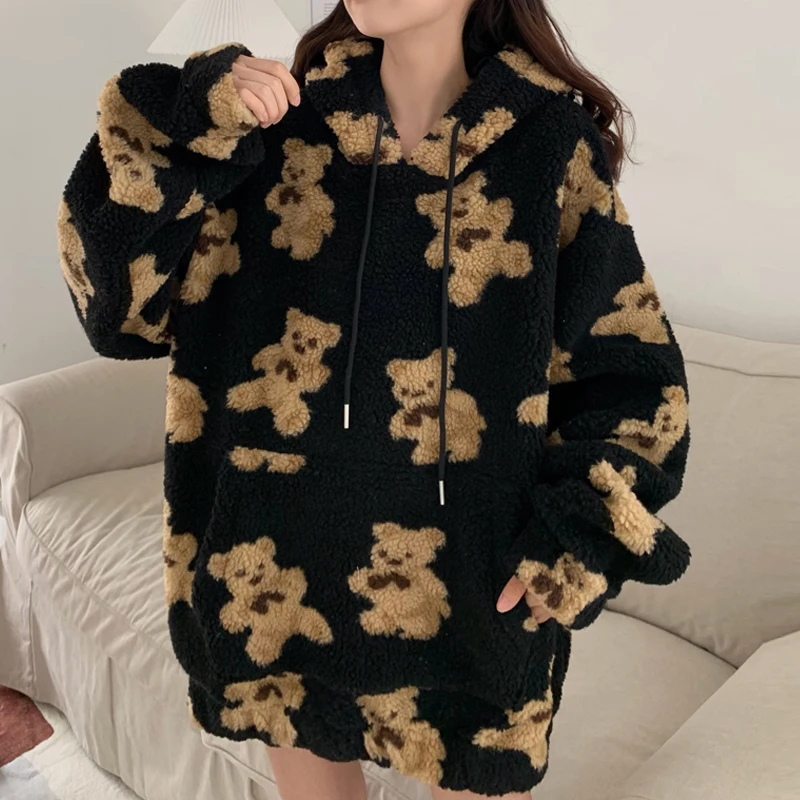 

Bear Hoodie Women Kawaii Flannel Woolen Winter Warm Hooded Sweatshirts Plus Velvet Pullovers Oversize 2021 Pockets Tracksuits