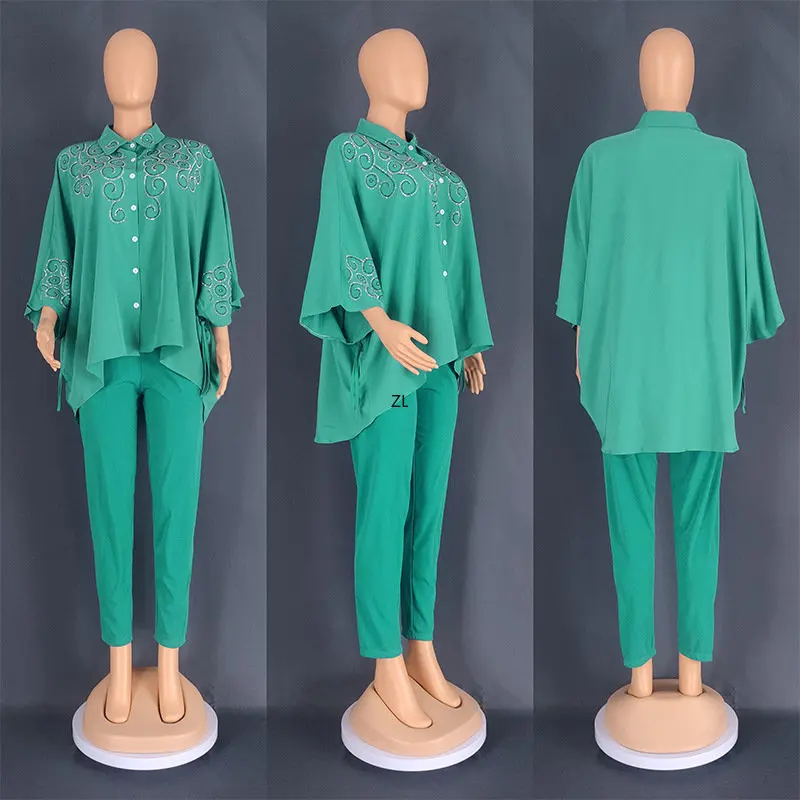 Two Piece Set Diamonds Three Quarters Sleeve Blouse Tops And Pant Suits Summer Autumn Women Set Sheath Matching Fashion Outfit