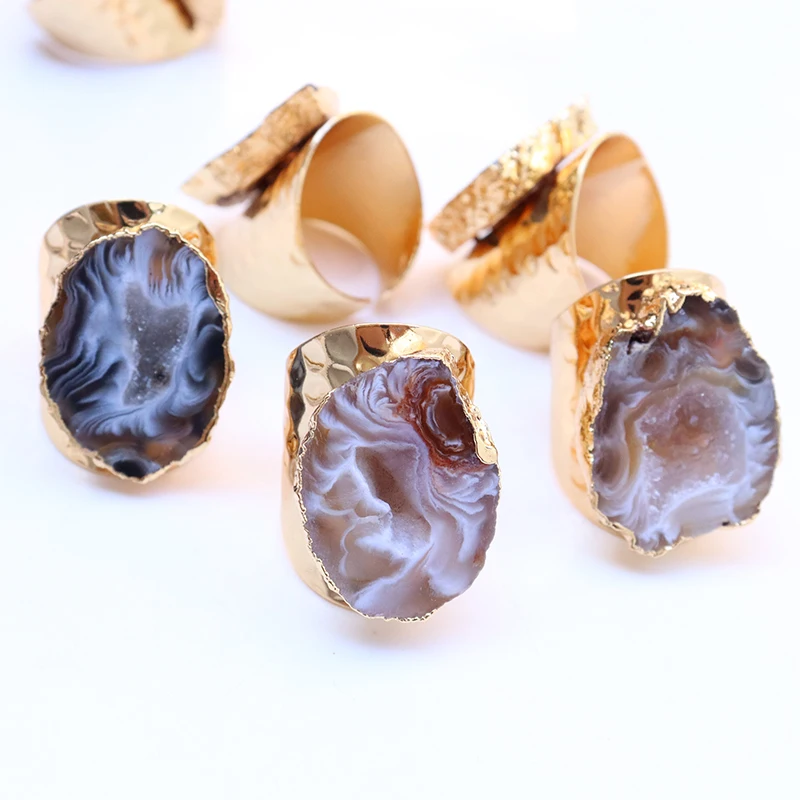 

Brazilian Raw Agate Ring Irregular Druzy Stone Adjustable Gold Plated Primary Color