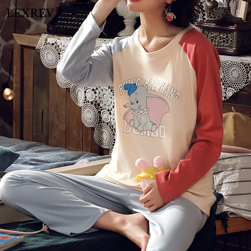 

New Pajamas Women's Spring And Autumn Cotton Long-sleeved Trousers Loose Korean Home Clothes Suits Plus Size Loungewear