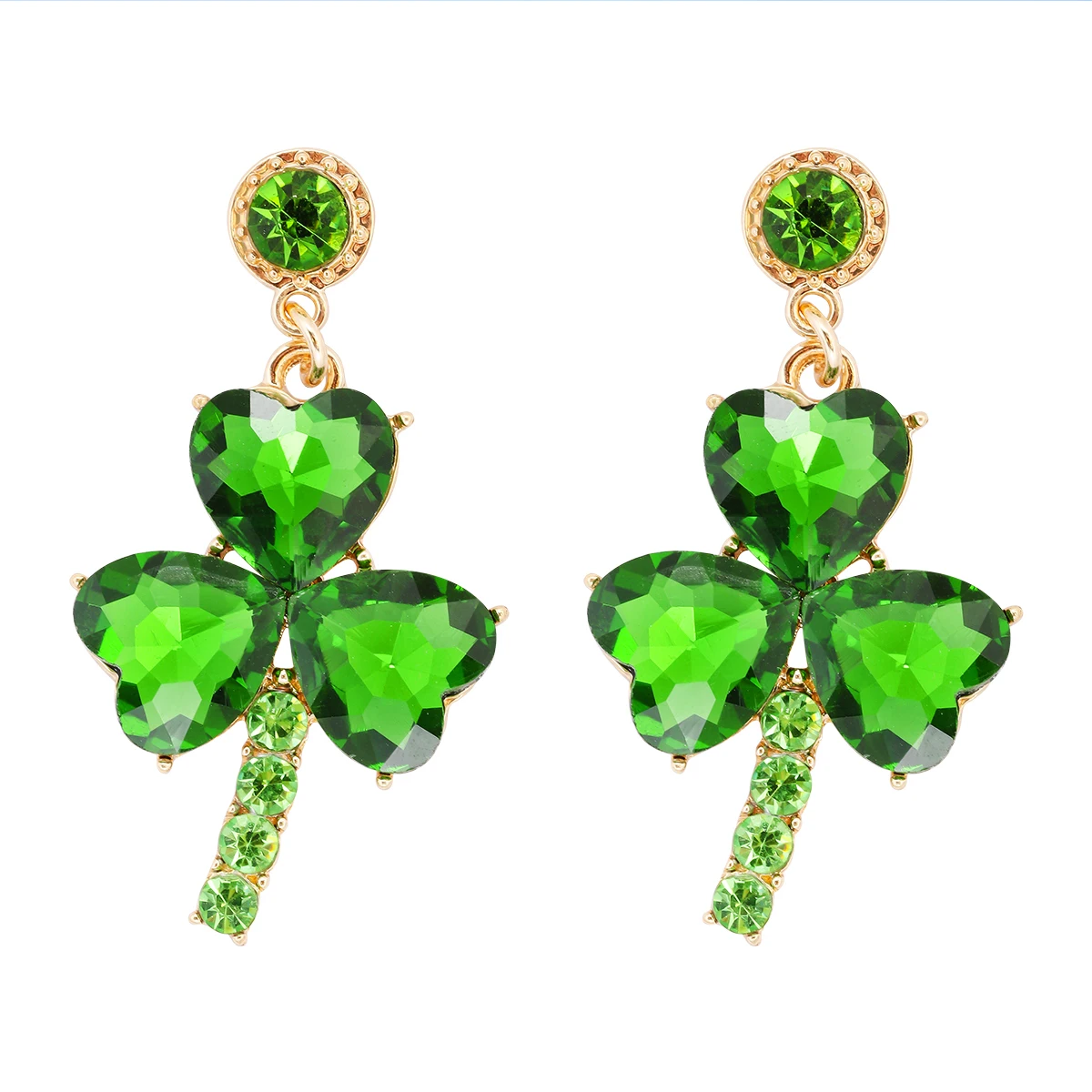 

High-quality Green Crystal Three Leaf Clover Earrings Statement Metal Rhinestone Earrings for Women Fashion Jewelry Wholesale