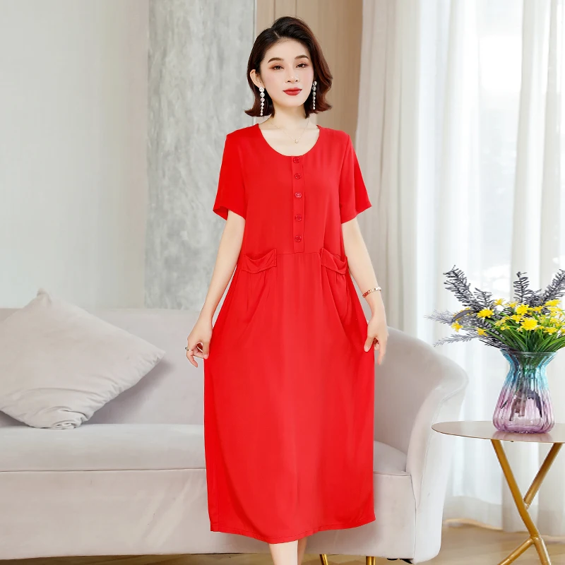 

Beardon Women's Over Knee Mid Length Cotton Silk Dress O Neck Button Long Skirt Loose Mom Short Sleeve Dress