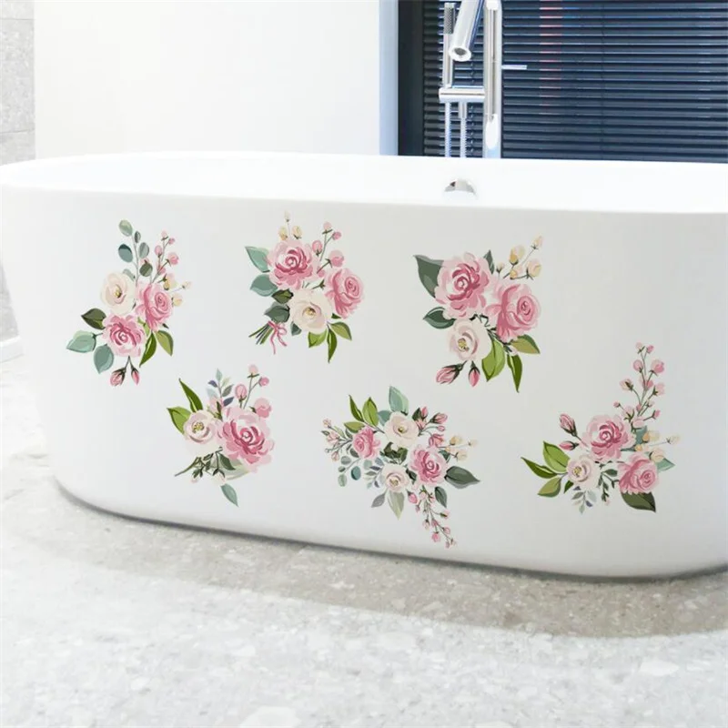 6Pcs Cartoon Plant Pink Flower Bathtub Sticker For Children's Self-Adhesive Removable Bathroom Decoration Wall Stickers