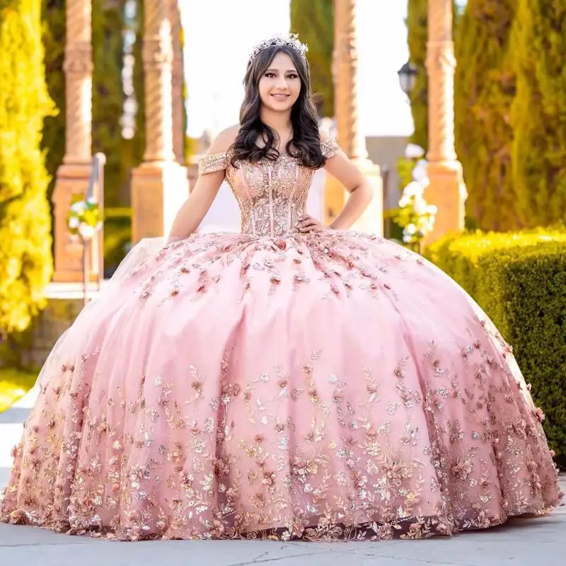 Pink Quinceanera Dresses Ball Gown Off The Shoulder Sequin Applique Lace Flower Beaded Crystal Tull Sweet 16 Dress Vestidos De