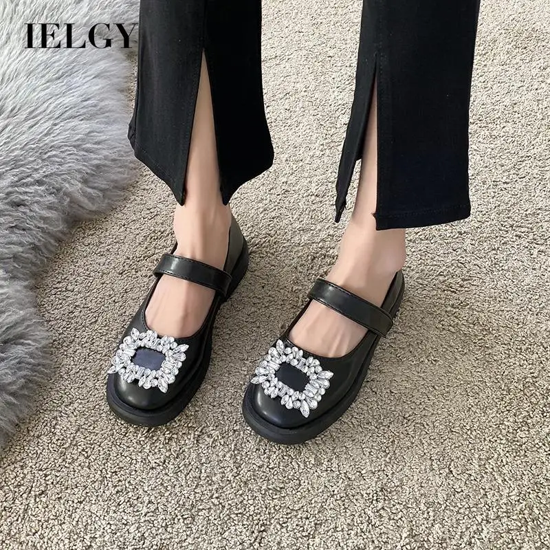 

IELGY women's rhinestone casual korean style one word buckle patent leather square toe small leather shoes