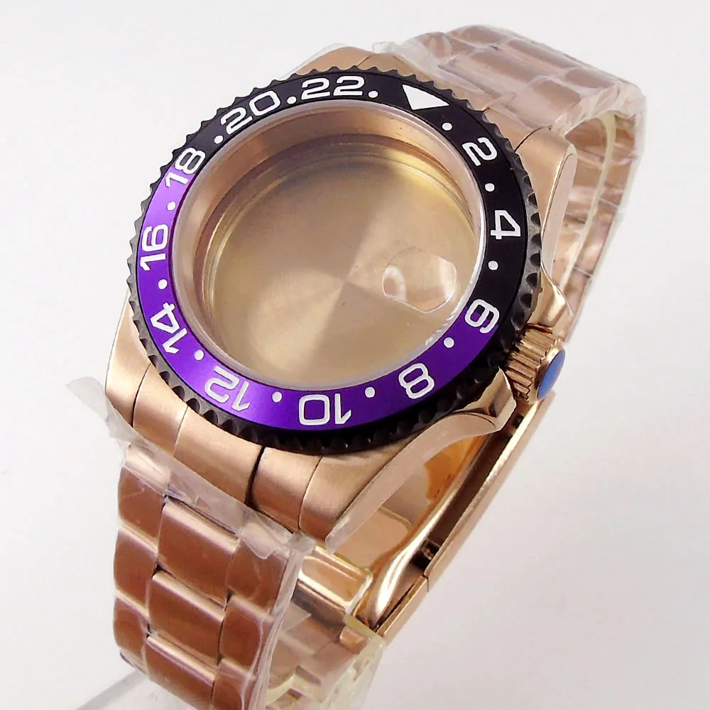 

40MM Watch Case Black Bezel Ring Sapphire Crystal fit NH35A NH36A Rose Gold Black YM insert Glide Lock Clasp