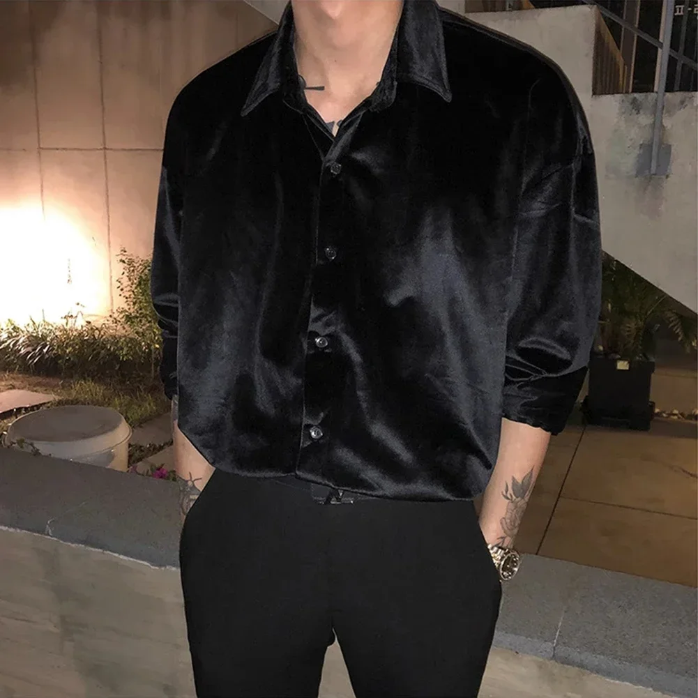 Бархатная блузка с длинным рукавом в стиле ретро для мужчин свободная рубашка