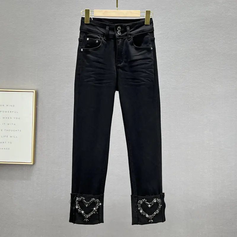 

2022 New Winter Jeans Women Thin Velvet Jeans Stretchy High Waist Slim European Streetwears Exquisite Rhinestone Straight Pants