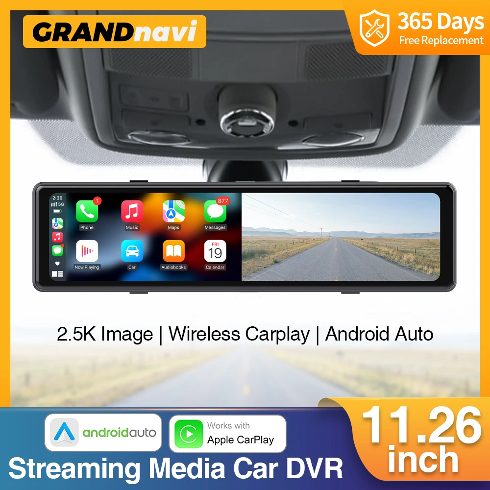 Grandnavi 3 Cameras Car Dash Cam Carplay Android Auto Rear view Mirror Video Recording Car DVR 1080P Navigation Voice Control