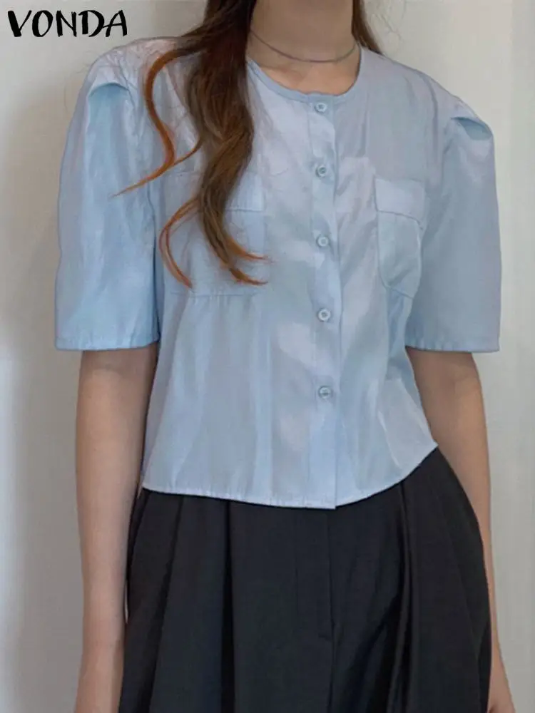 

Элегантная Летняя женская Повседневная рубашка VONDA на пуговицах с коротким рукавом, топы, однотонная блузка, рубашки, женские уличные блузк...