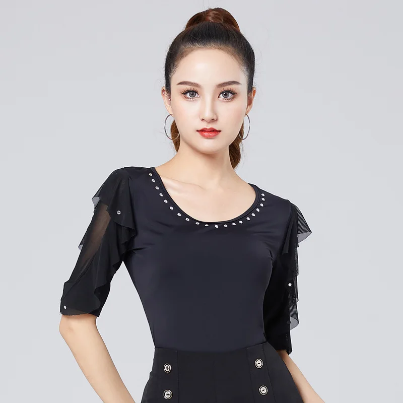 

New Latin Dance Costumes For Women Mesh Gauze Bright Diamond Sexy Latin Practice Tops Rumba Tango Samba Cha Cha Dance Clothing