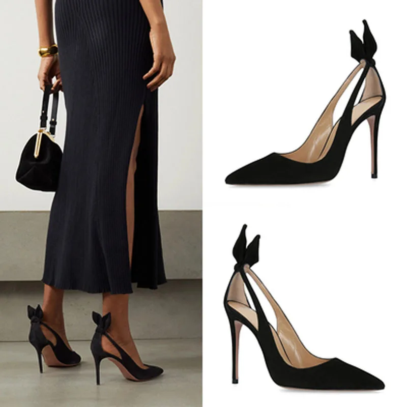 

Sexy Black Rabbit Ears Pumps Pointed Toe Stiletto High Heels 6-12CM Leather Banquet Shoe Professional Dress Career Shoes Women