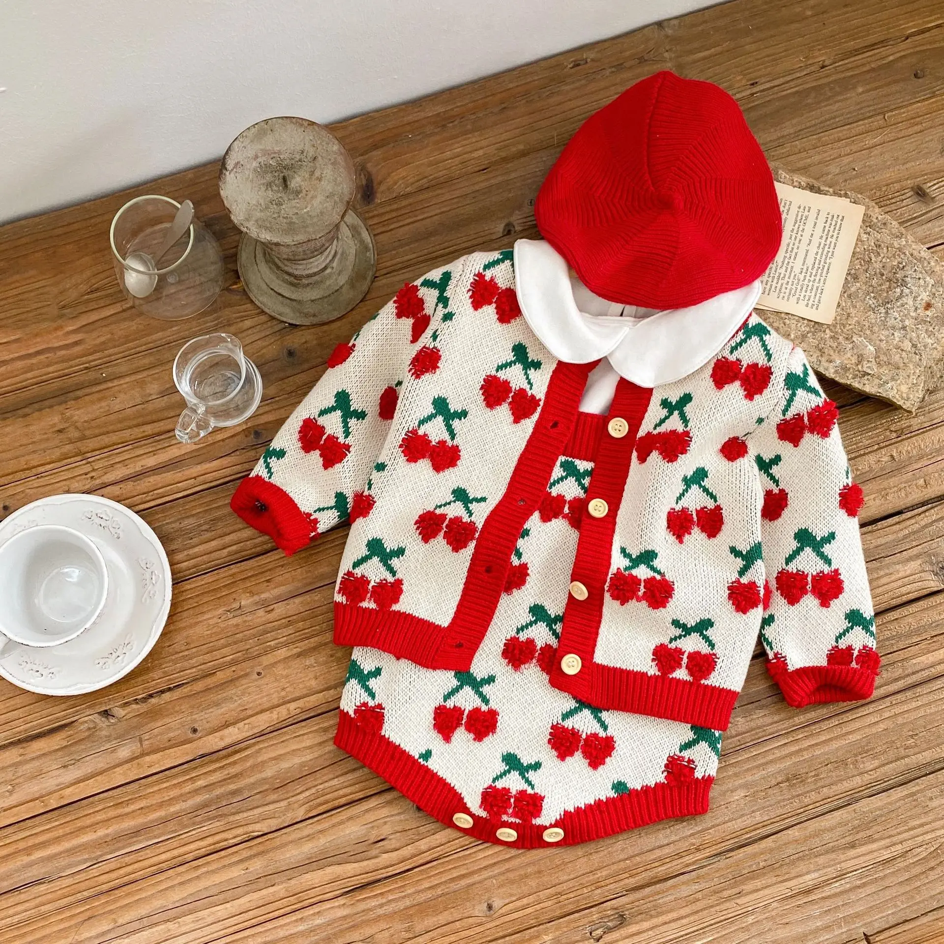 

0-3y Cute Baby Girl Fashion Cherry Embroidery Cardigan Kid All-match Sling Cotton Bodysuit One Piece Kid Girls Outfits