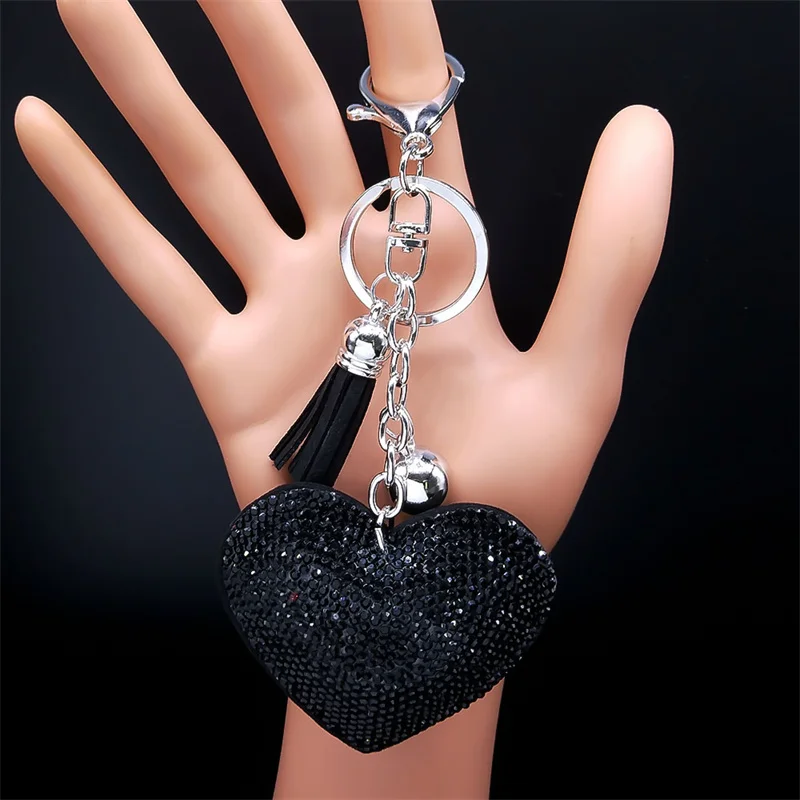 

Black Heart Keychain Tassel Holders Metal Crystal Key Chains Keyring Charm Bag Car Pendant Gift Jewelry llaveros para mujer