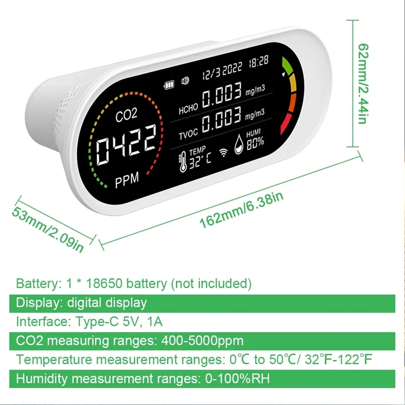 Детектор качества воздуха 5 в 1 TVOC HCHO CO2 измеритель тестирование температуры и