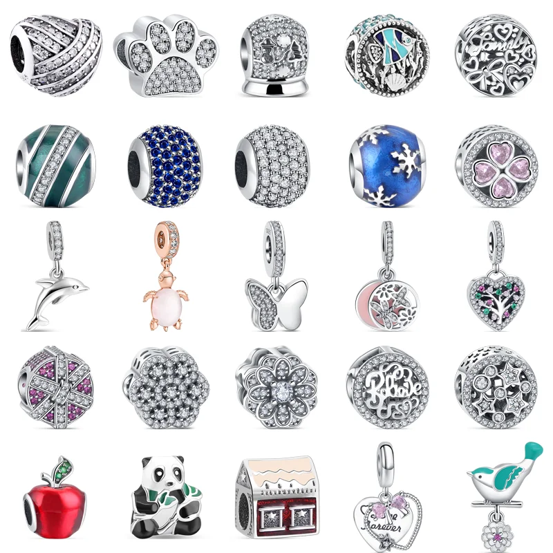 

925 Silver Butterfly Dolphin Turtle Panda Paw Prints Pave Zircon Shiny Beads Fit Original Pandora Charms Bracelet Women Jewelry