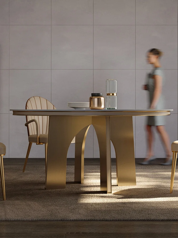 

Modern light luxury high-end round dining table round table dining table for 6 people Italian-style bright slate dining table