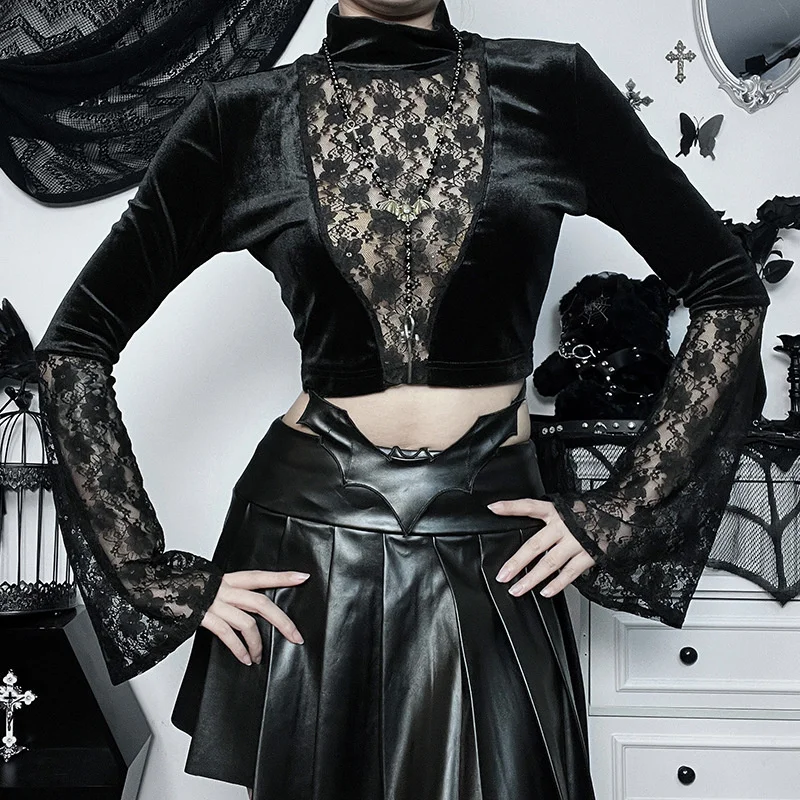 

Женская бархатная блузка Goth в стиле ретро, с длинным Расклешенным рукавом и круглым вырезом, в стиле пэчворк, в готическом стиле, на осень